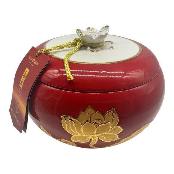 Da Hong Pao Tea Porcelain (Empty) Red Jar with White Lotus Design and Lid - Picture 1 of 13